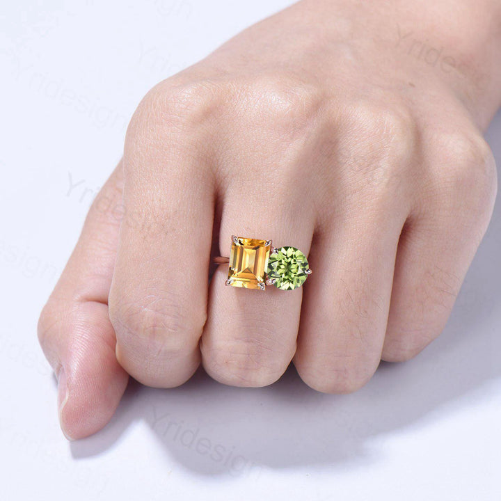 Minimalist Two stone engagement ring 14k rose gold emerald cut citrine and round peridot wedding ring Plain Band anniversary bridal gifts - PENFINE