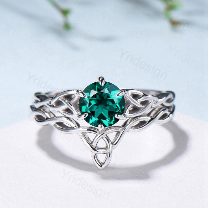 Emerald Wedding Ring Set, Norse Viking Lab Emerald Engagement Ring, Celtic Knot May Birthstone Jewelry, White Gold 2Pcs Twisted Bridal Set - PENFINE