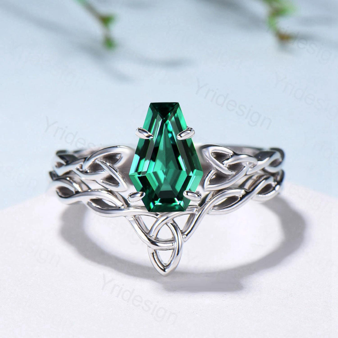 Emerald Wedding Ring Set, Norse Viking Lab Emerald Engagement Ring, Celtic Knot May Birthstone Jewelry, White Gold 2Pcs Twisted Bridal Set - PENFINE