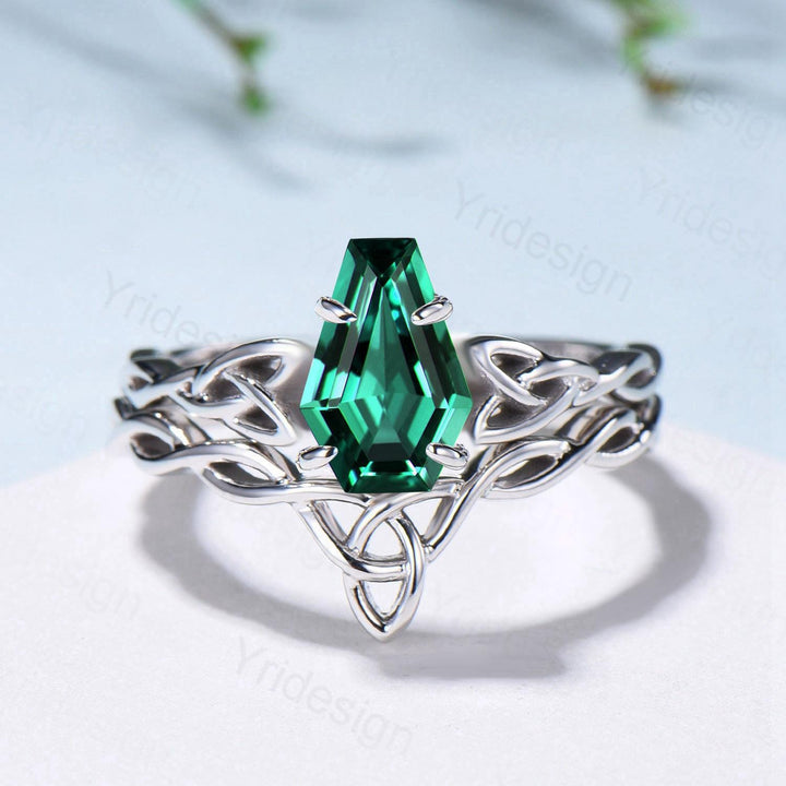 Emerald Wedding Ring Set, Norse Viking Lab Emerald Engagement Ring, Celtic Knot May Birthstone Jewelry, White Gold 2Pcs Twisted Bridal Set - PENFINE
