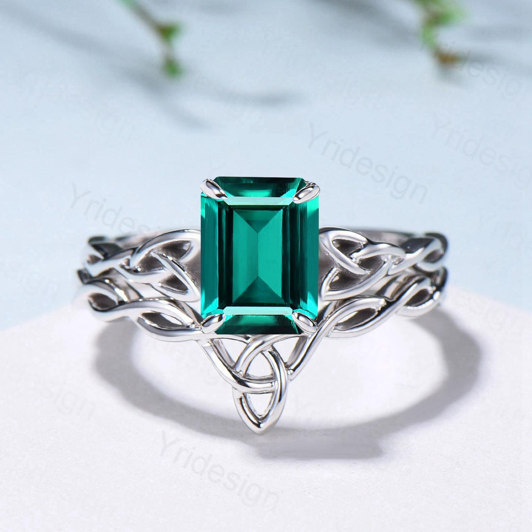 Emerald Wedding Ring Set, Norse Viking Lab Emerald Engagement Ring, Celtic Knot May Birthstone Jewelry, White Gold 2Pcs Twisted Bridal Set - PENFINE