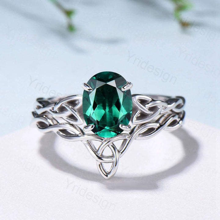 Emerald Wedding Ring Set, Norse Viking Lab Emerald Engagement Ring, Celtic Knot May Birthstone Jewelry, White Gold 2Pcs Twisted Bridal Set - PENFINE