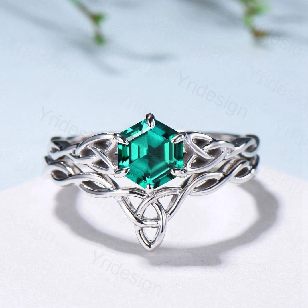 Emerald Wedding Ring Set, Norse Viking Lab Emerald Engagement Ring, Celtic Knot May Birthstone Jewelry, White Gold 2Pcs Twisted Bridal Set - PENFINE