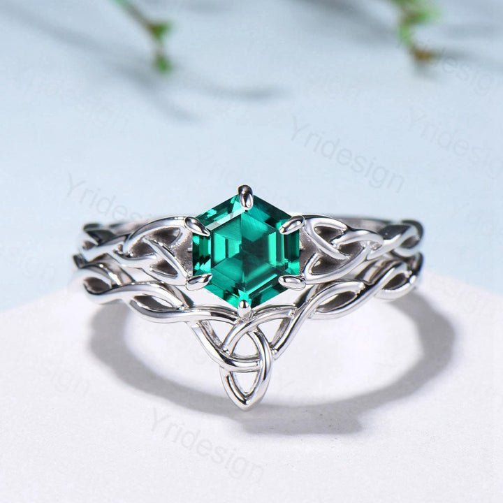 Emerald Wedding Ring Set, Norse Viking Lab Emerald Engagement Ring, Celtic Knot May Birthstone Jewelry, White Gold 2Pcs Twisted Bridal Set - PENFINE