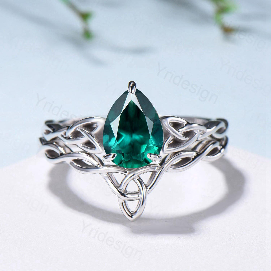 Emerald Wedding Ring Set, Norse Viking Lab Emerald Engagement Ring, Celtic Knot May Birthstone Jewelry, White Gold 2Pcs Twisted Bridal Set - PENFINE