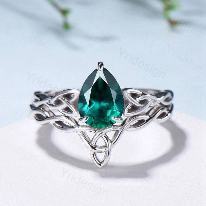 Emerald Wedding Ring Set, Norse Viking Lab Emerald Engagement Ring, Celtic Knot May Birthstone Jewelry, White Gold 2Pcs Twisted Bridal Set - PENFINE