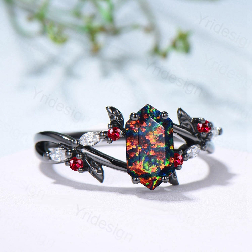 Unique Black Gold Fire Opal Ring Natural Inspired Gothic Long Hexagon Cut Opal Engagement Ring Leaves  Cluster Ruby Split Shank Wedding Ring - PENFINE