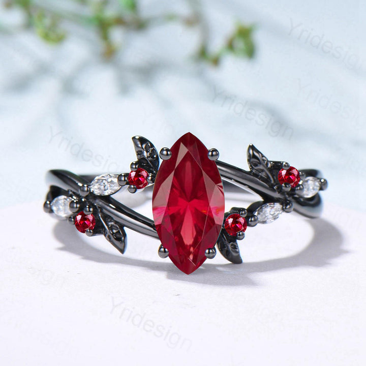 Unique Black Gold Ruby Ring Natural Inspired Gothic Marquise Cut Ruby Engagement Ring Leaves Cluster Moissanite Split Shank Wedding Ring - PENFINE
