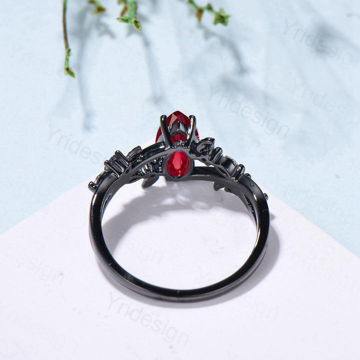 Unique Black Gold Ruby Ring Natural Inspired Gothic Marquise Cut Ruby Engagement Ring Leaves Cluster Moissanite Split Shank Wedding Ring - PENFINE