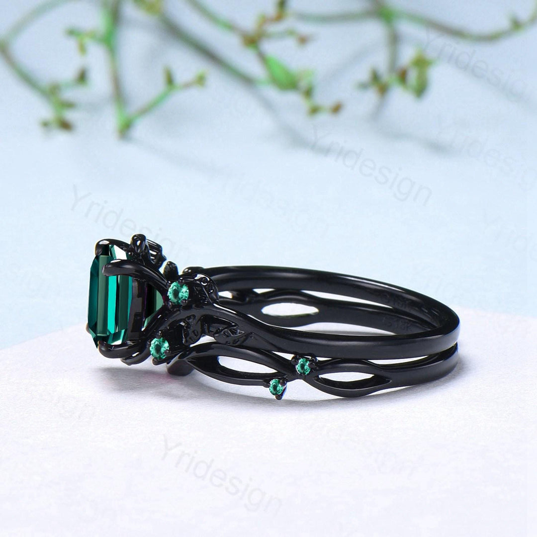 Unique gothic cushion cut emerald wedding ring set black gold natural inspired May birthstone engagement ring for women emerald bridal set - PENFINE