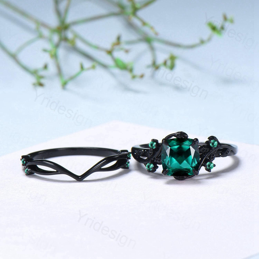 Unique gothic cushion cut emerald wedding ring set black gold natural inspired May birthstone engagement ring for women emerald bridal set - PENFINE