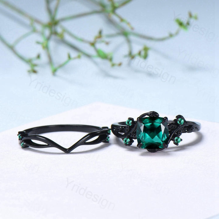 Unique gothic cushion cut emerald wedding ring set black gold natural inspired May birthstone engagement ring for women emerald bridal set - PENFINE