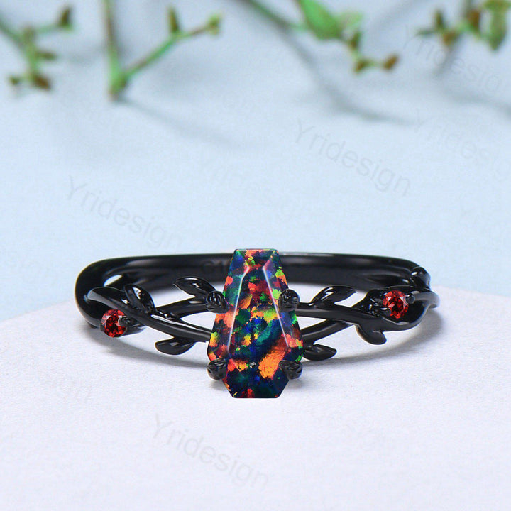 Black Gold Fire Opal Promise Ring Leaf Branch Black Opal Gothic Engagement Ring Nature Inspired Garnet Wedding Ring Twig Anniversary Gifts - PENFINE