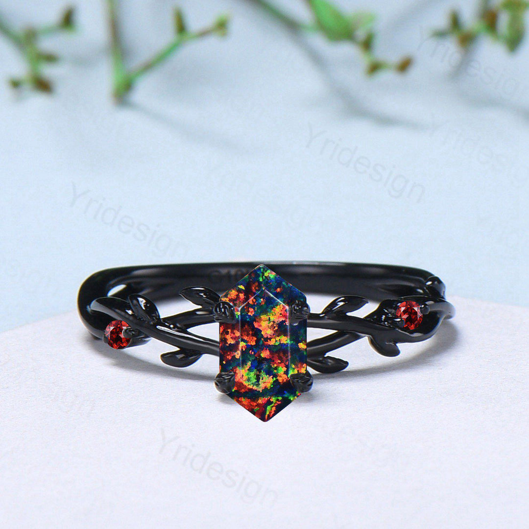 Black Gold Fire Opal Promise Ring Leaf Branch Black Opal Gothic Engagement Ring Nature Inspired Garnet Wedding Ring Twig Anniversary Gifts - PENFINE
