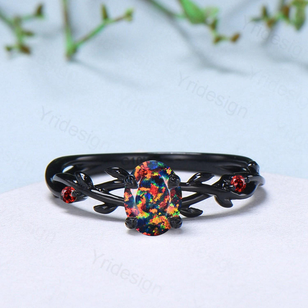 Black Gold Fire Opal Promise Ring Leaf Branch Black Opal Gothic Engagement Ring Nature Inspired Garnet Wedding Ring Twig Anniversary Gifts - PENFINE