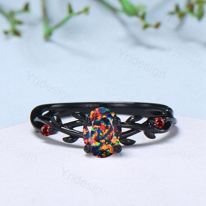 Black Gold Fire Opal Promise Ring Leaf Branch Black Opal Gothic Engagement Ring Nature Inspired Garnet Wedding Ring Twig Anniversary Gifts - PENFINE