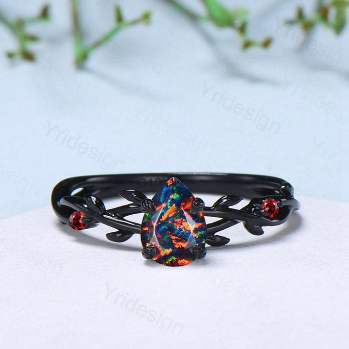 Black Gold Fire Opal Promise Ring Leaf Branch Black Opal Gothic Engagement Ring Nature Inspired Garnet Wedding Ring Twig Anniversary Gifts - PENFINE
