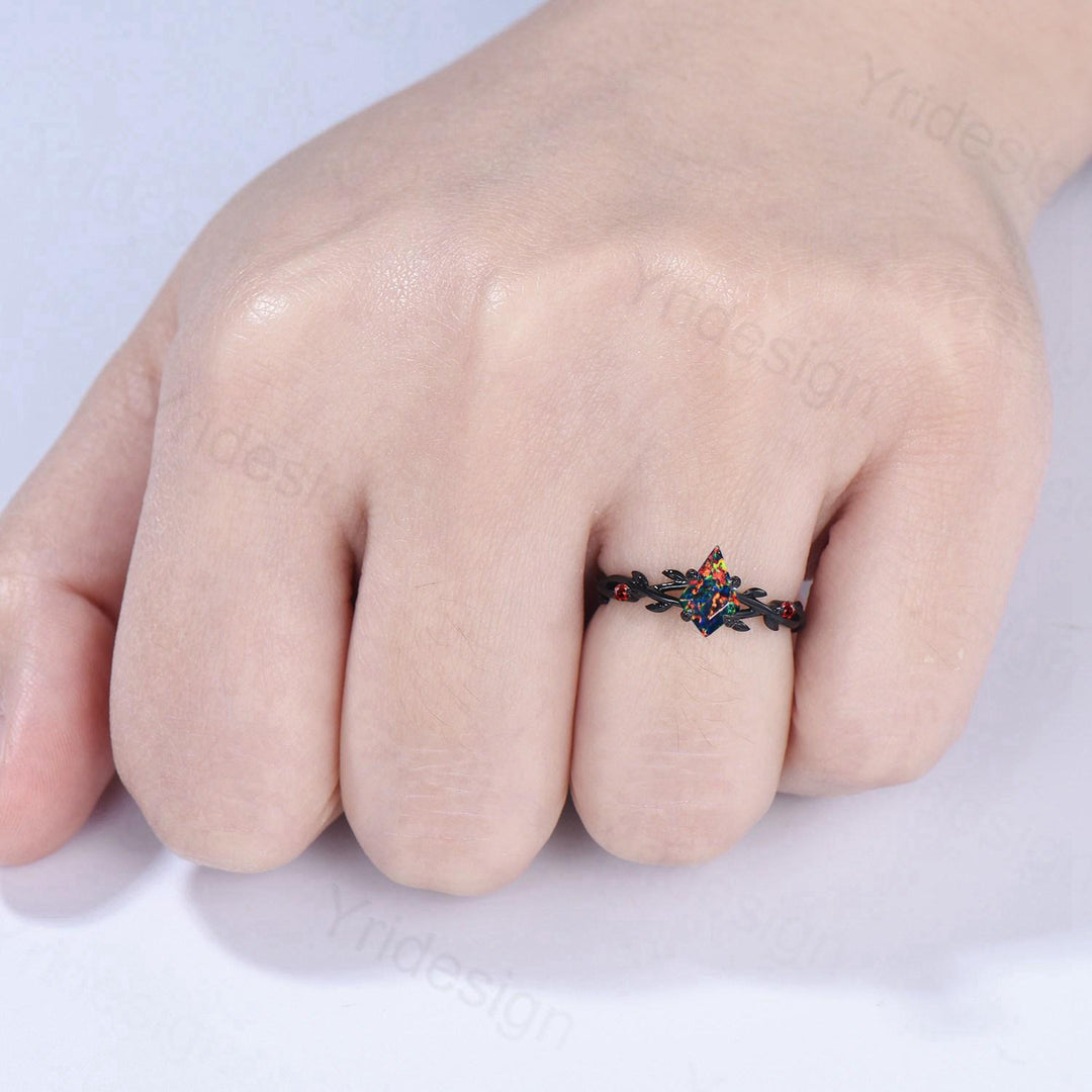 Black Gold Fire Opal Promise Ring Leaf Branch Black Opal Gothic Engagement Ring Nature Inspired Garnet Wedding Ring Twig Anniversary Gifts - PENFINE