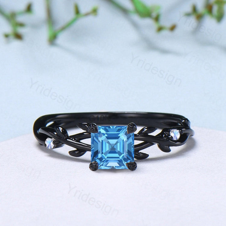 Elegant Asscher Swiss Topaz Ring Unique Black Gold Cluster Moonstone Gothic Engagement Ring Leaf Vine Wedding Ring Anniversary Proposal Gift - PENFINE