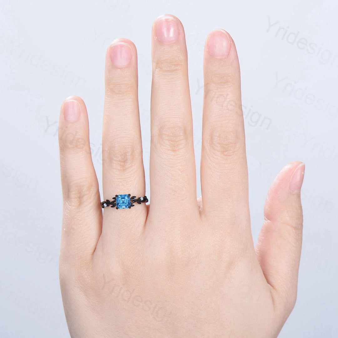 Elegant Asscher Swiss Topaz Ring Unique Black Gold Cluster Moonstone Gothic Engagement Ring Leaf Vine Wedding Ring Anniversary Proposal Gift - PENFINE