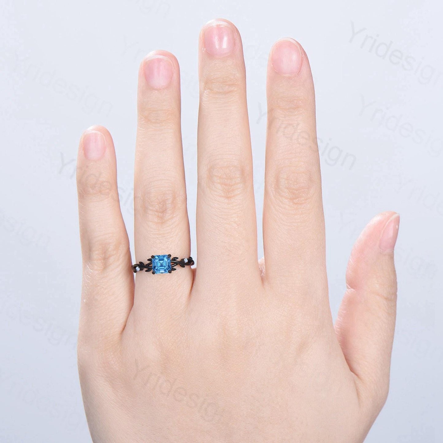 Elegant Asscher Swiss Topaz Ring Unique Black Gold Cluster Moonstone Gothic Engagement Ring Leaf Vine Wedding Ring Anniversary Proposal Gift - PENFINE