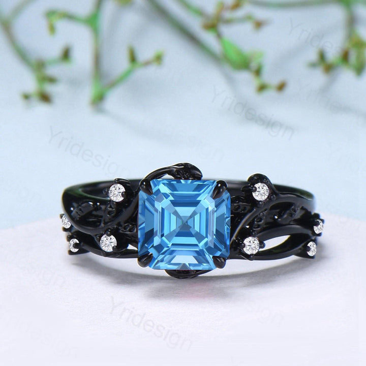 Unique gothic asscher cut swiss blue topaz wedding ring set black gold natural inspired engagement ring topaz diamond anniversary bridal set - PENFINE