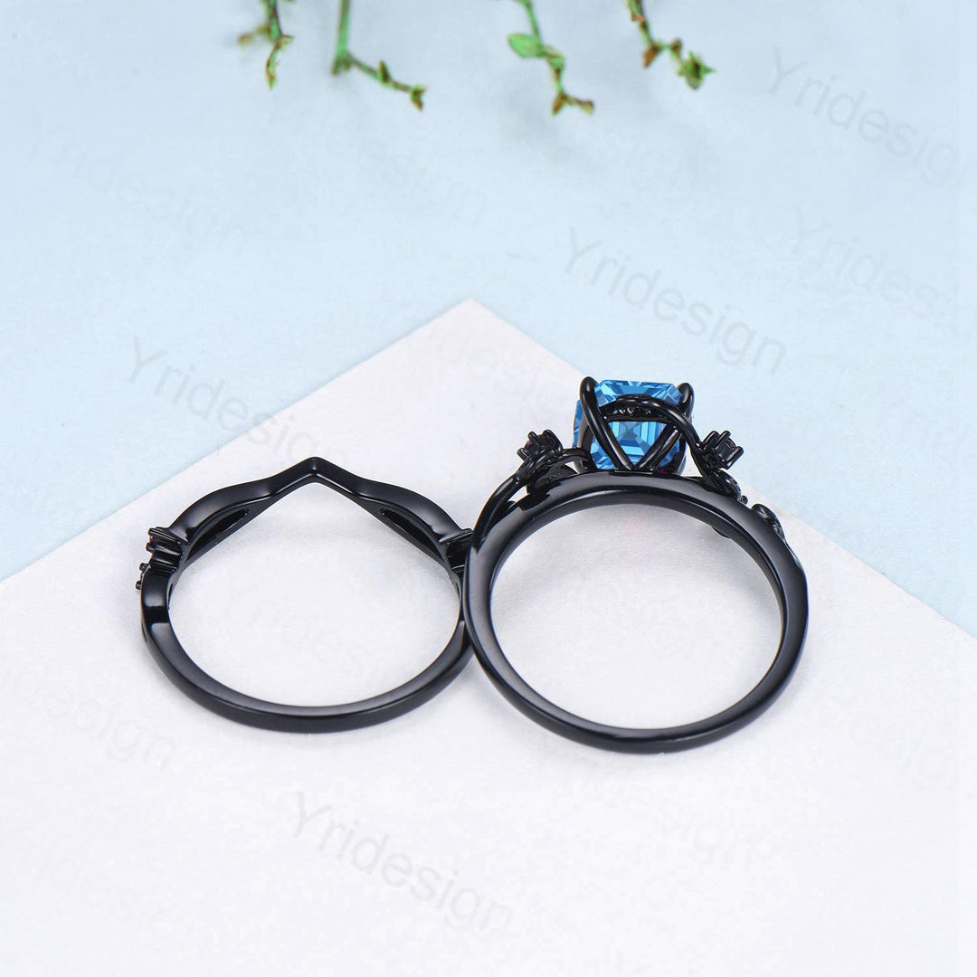 Unique gothic asscher cut swiss blue topaz wedding ring set black gold natural inspired engagement ring topaz diamond anniversary bridal set - PENFINE