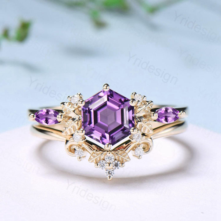 Vintage hexagon cut amethyst engagement ring set 14k yellow gold Nature inspired leaf vine Feb birthstone wedding ring set Anniversary Gifts - PENFINE