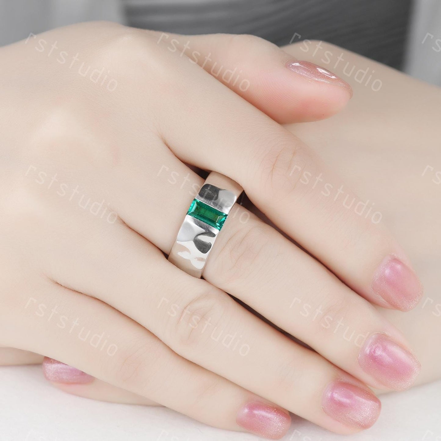 Mens Baguette Emerald Ring: Hammered Sterling Silver Wedding Band