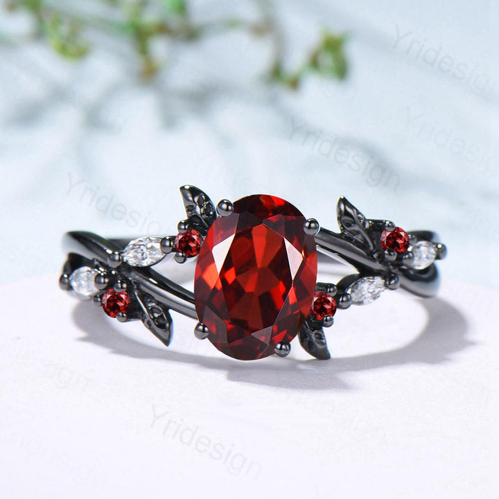 Unique Black Gold Garnet Wedding Ring Natural Inspired Gothic Oval Garnet Engagement Ring Leaves Cluster Moissanite Split Shank Wedding Ring - PENFINE
