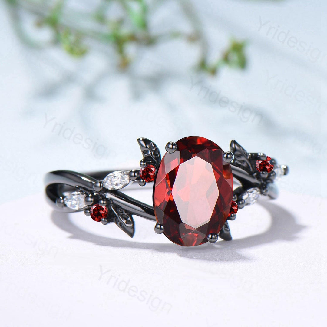 Unique Black Gold Garnet Wedding Ring Natural Inspired Gothic Oval Garnet Engagement Ring Leaves Cluster Moissanite Split Shank Wedding Ring - PENFINE