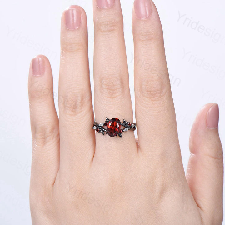 Unique Black Gold Garnet Wedding Ring Natural Inspired Gothic Oval Garnet Engagement Ring Leaves Cluster Moissanite Split Shank Wedding Ring - PENFINE