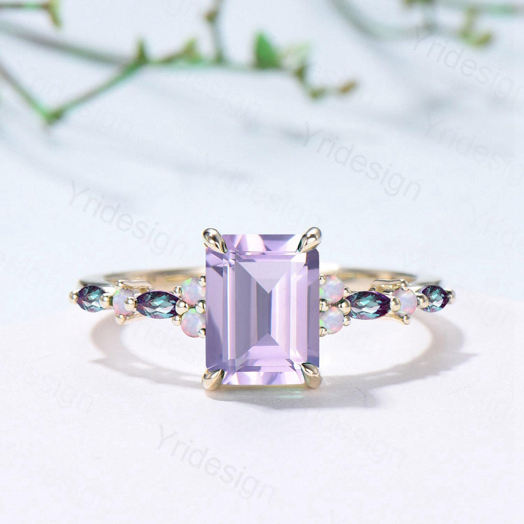 Unique Emerald Cut lavender amethyst Ring Marquise Alexandrite Opal Purple Engagement Ring February Birthstone Handmade Proposal Gifts Women - PENFINE