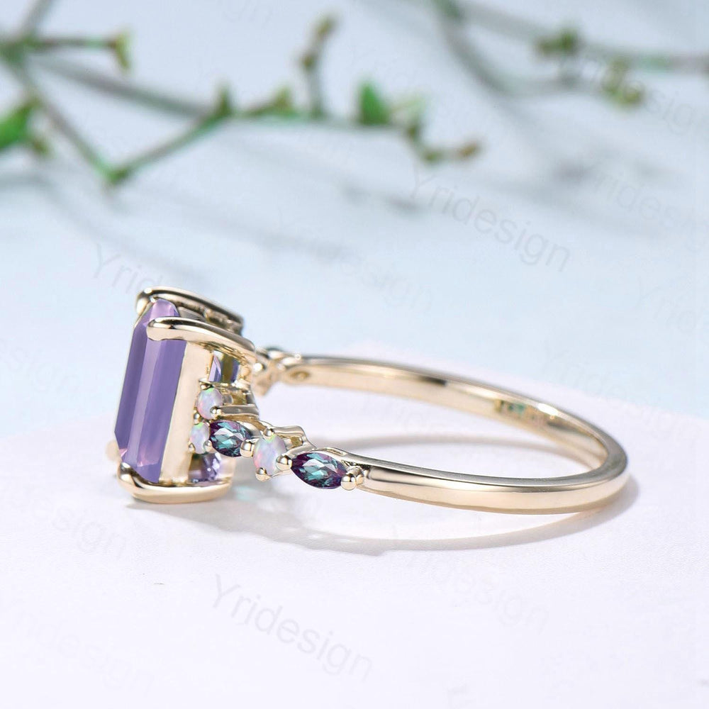Unique Emerald Cut lavender amethyst Ring Marquise Alexandrite Opal Purple Engagement Ring February Birthstone Handmade Proposal Gifts Women - PENFINE