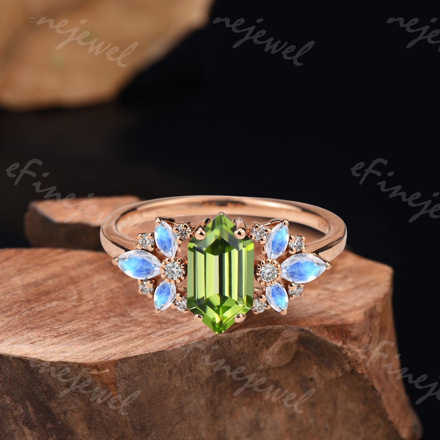 Vintage Art Deco Peridot Engagement Ring, Marquise Moissanite Accent