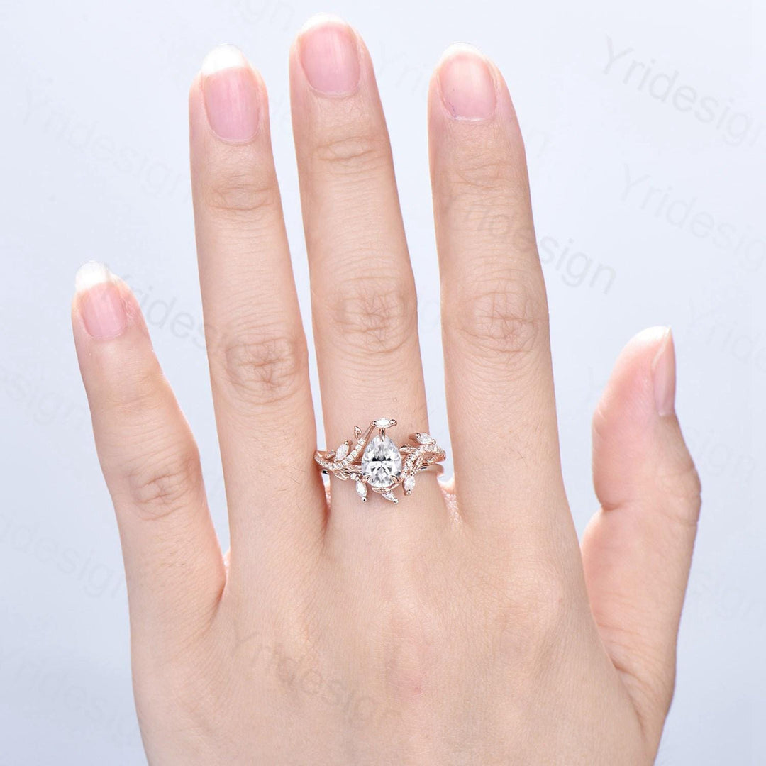 Pear Shaped Brilliant Moissanite Engagement Ring Set Nature Inspired Snake Eternity Wedding Set Moissanite Promise Bridal Set Women Gifts - PENFINE