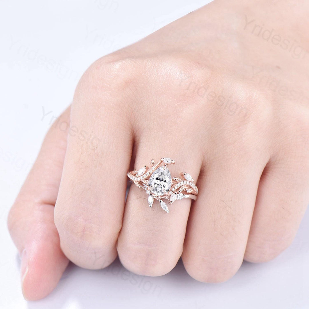 Pear Shaped Brilliant Moissanite Engagement Ring Set Nature Inspired Snake Eternity Wedding Set Moissanite Promise Bridal Set Women Gifts - PENFINE