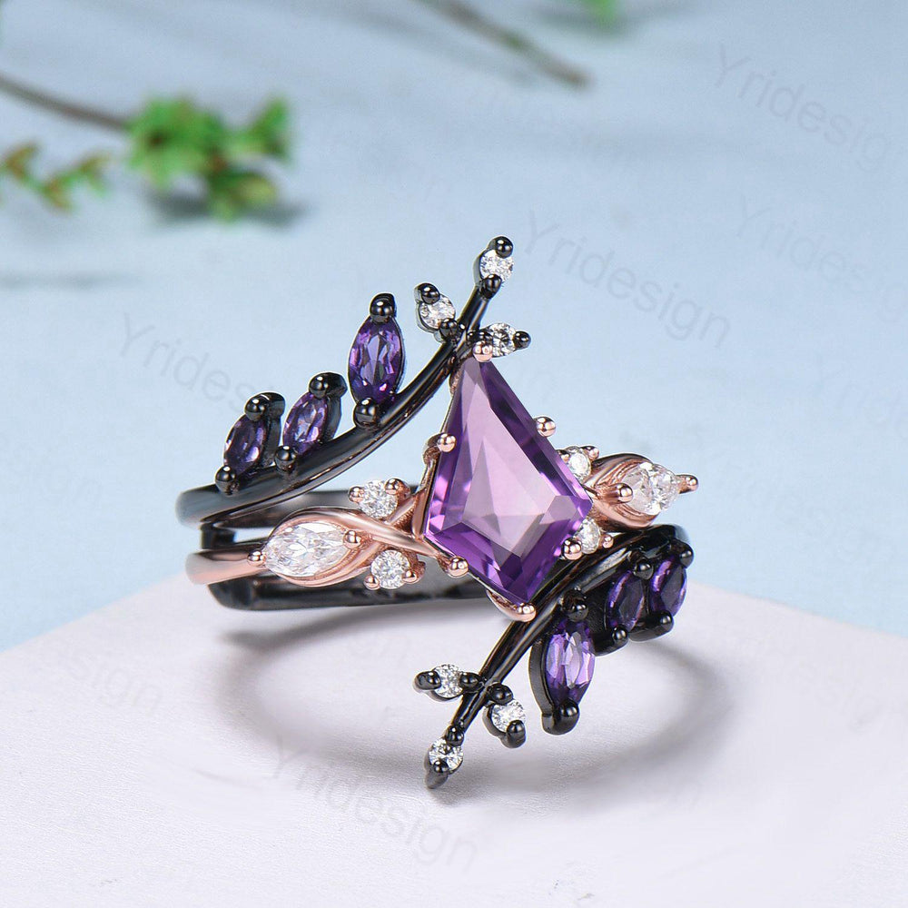 Vintage Kite cut amethyst engagement ring set Nature inspired purple gemstone wedding ring set marquise cut moissanite bridal ring set women - PENFINE