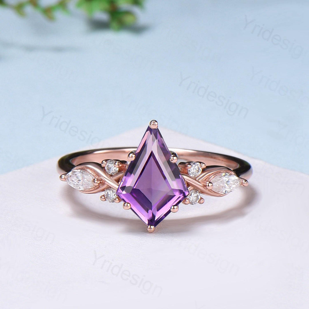 Vintage Kite cut amethyst engagement ring set Nature inspired purple gemstone wedding ring set marquise cut moissanite bridal ring set women - PENFINE