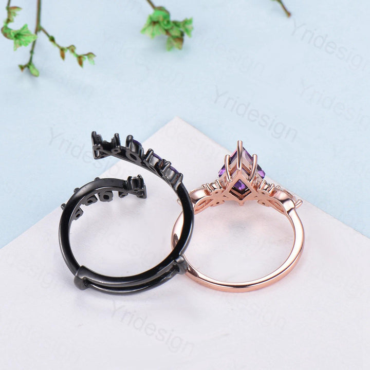 Vintage Kite cut amethyst engagement ring set Nature inspired purple gemstone wedding ring set marquise cut moissanite bridal ring set women - PENFINE