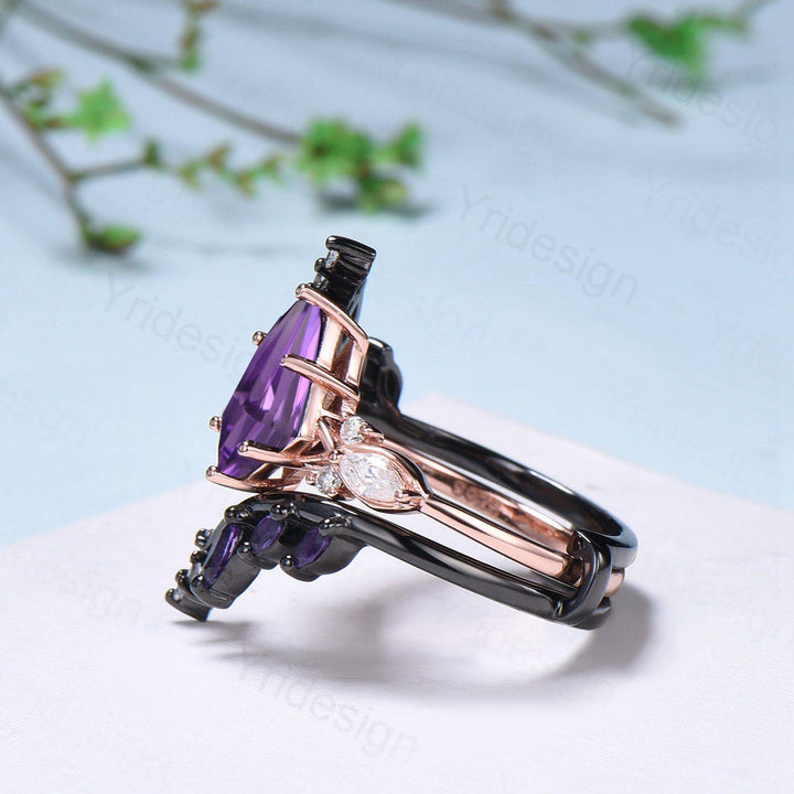 Vintage Kite cut amethyst engagement ring set Nature inspired purple gemstone wedding ring set marquise cut moissanite bridal ring set women - PENFINE