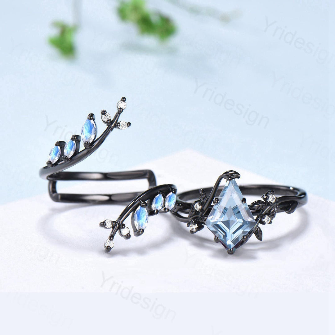 Gothic Aquamarine ring set Unique 7x10mm kite cut aquamarine engagement ring set black gold marquise moonstone nature inspired wedding set - PENFINE