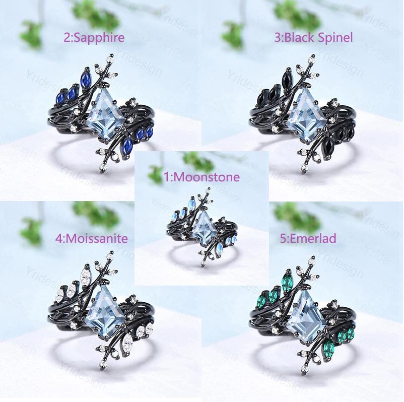 Gothic Aquamarine ring set Unique 7x10mm kite cut aquamarine engagement ring set black gold marquise moonstone nature inspired wedding set - PENFINE