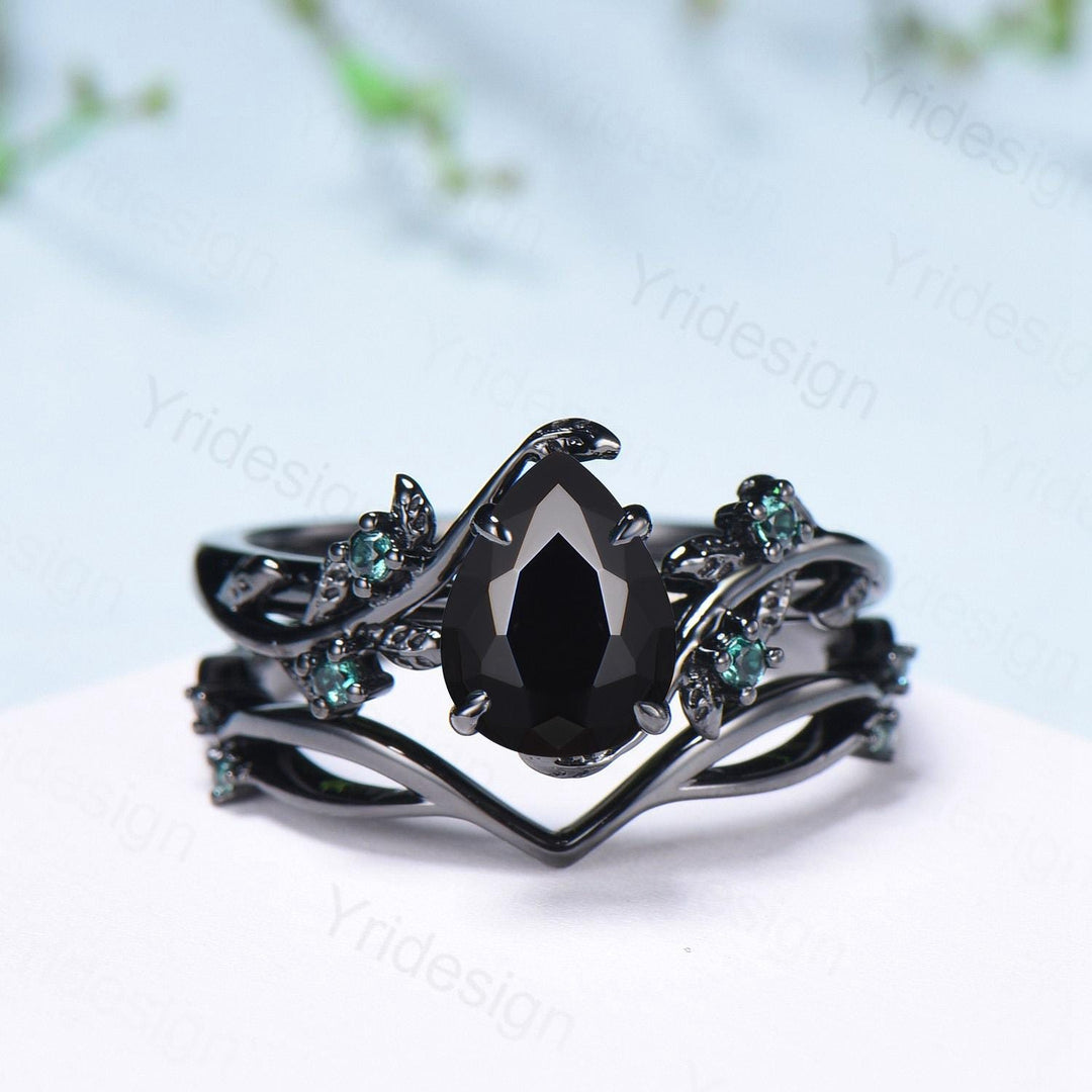 Pear shaped natural black onyx engagement ring set leaf design emerald gothic wedding set twig vine nature inspired emerald 2pcs bridal set - PENFINE