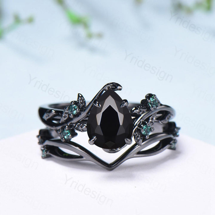 Pear shaped natural black onyx engagement ring set leaf design emerald gothic wedding set twig vine nature inspired emerald 2pcs bridal set - PENFINE