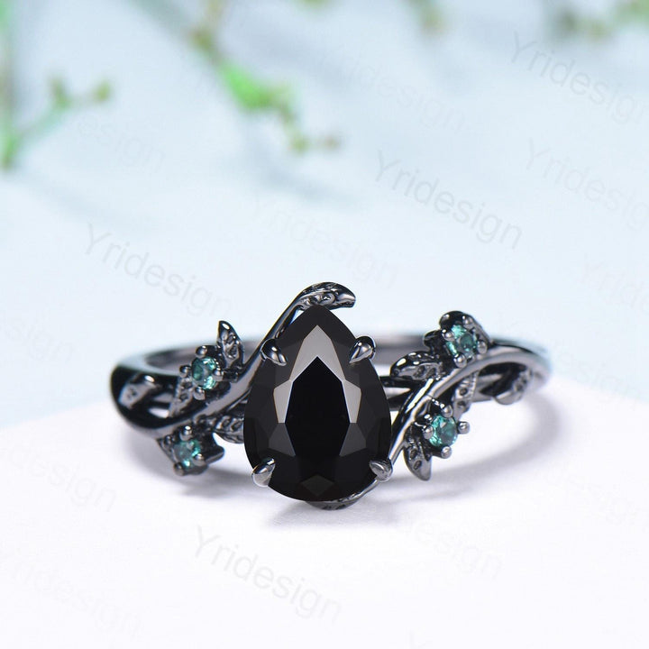 Pear shaped natural black onyx engagement ring set leaf design emerald gothic wedding set twig vine nature inspired emerald 2pcs bridal set - PENFINE