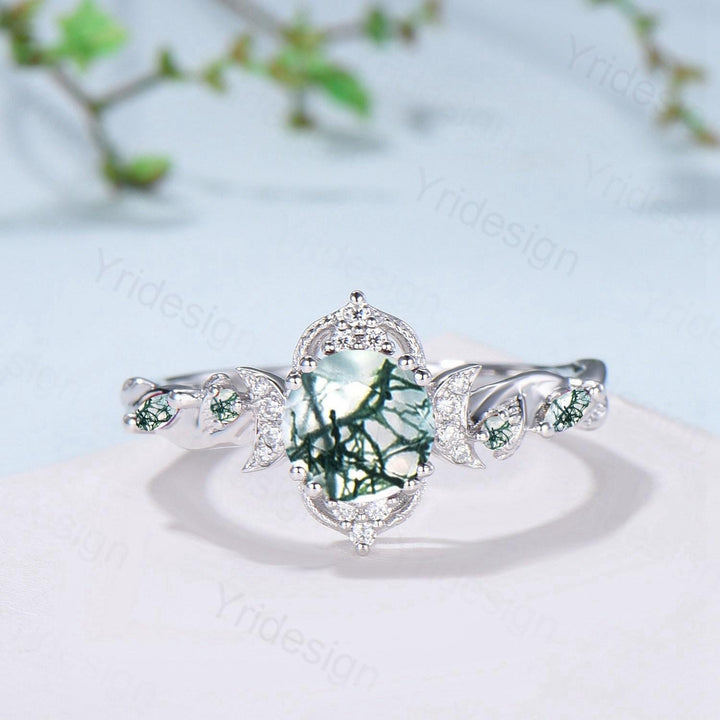 Vintage Natural Moss Agate Engagement Ring Set Nature Inspired Leaf Vine Round Cut Green Agate Wedding Ring Art Deco 3Pcs Bridal Ring Set - PENFINE