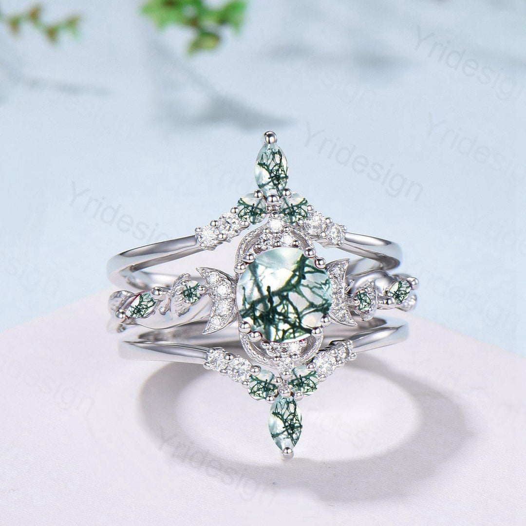 Vintage Natural Moss Agate Engagement Ring Set Nature Inspired Leaf Vine Round Cut Green Agate Wedding Ring Art Deco 3Pcs Bridal Ring Set - PENFINE