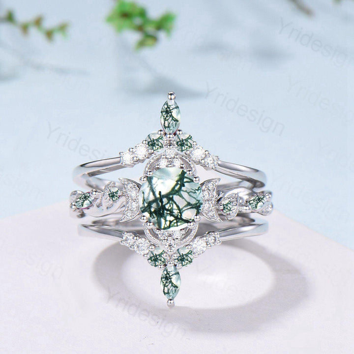 Vintage Natural Moss Agate Engagement Ring Set Nature Inspired Leaf Vine Round Cut Green Agate Wedding Ring Art Deco 3Pcs Bridal Ring Set - PENFINE