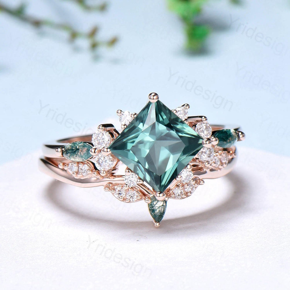 Vintage 2CT Princess Cut Green Sapphire Engagement Ring Set Cluster Marquise Moss Agate Wedding Ring Set 2pcs 14K Rose Gold Bridal Ring Set - PENFINE